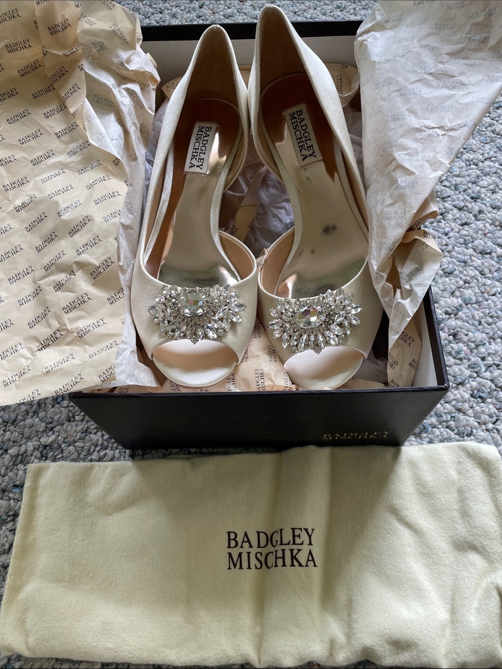 Badgley Mischka Ivory Satin Peep-Toe Heels with Crystal Accents